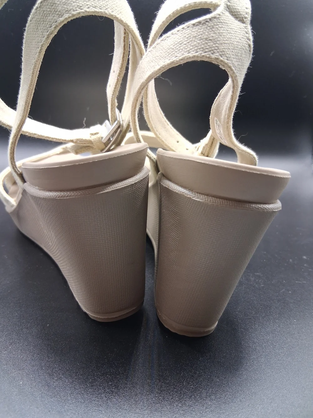CROCS Cream Canvas Wedge Sandals with Ankle Strap - Picture 4 of 11
